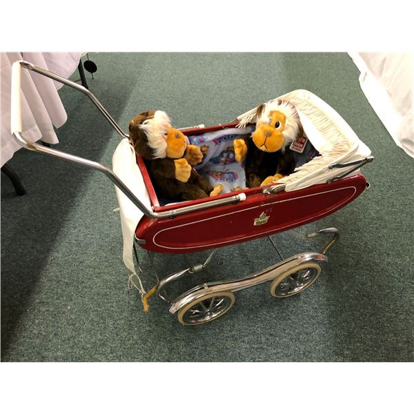 Antique Baby Carriage - Red with White Sun Shade  and protective rain cover with two Monkeys
