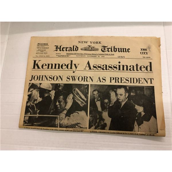 Newspaper from The New York Herald Tribune - Saturday November 23, 1963 with Headline "Kennedy Assas