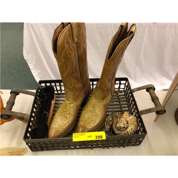 Misc. Collection of Cowboy Boots, Tray with brush and small wood collectibles