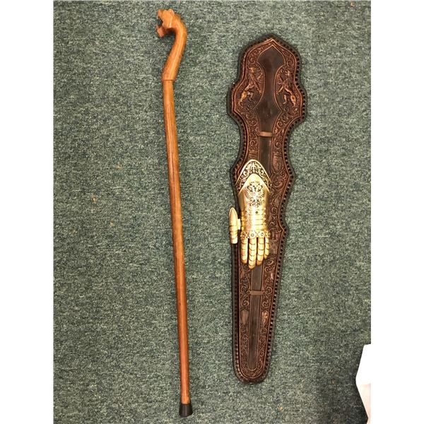 Large Leather Wrapped Crest with Armor approx. 34in and Snake Headed Cane approx. 36in