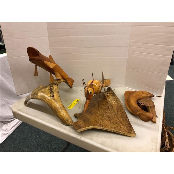 Group of 3 Wood Carvings - two with bone from Uranium City Sask & one of Steelhead Trout by George S