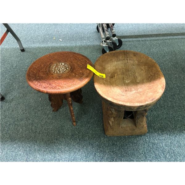 Carved Wood Stool and Table - Indian - Largest is 12in round x 13in tall