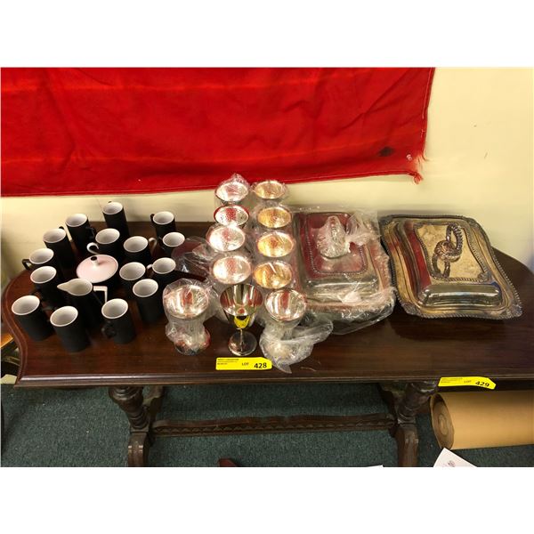 Table Lot of Silver Plate Serving Dishes, Cups and Japanese Tea Set