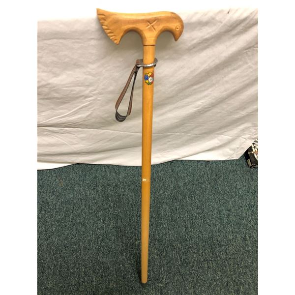 Carved Bird - Wooden Cane - metal tip on bottom with wrist strap