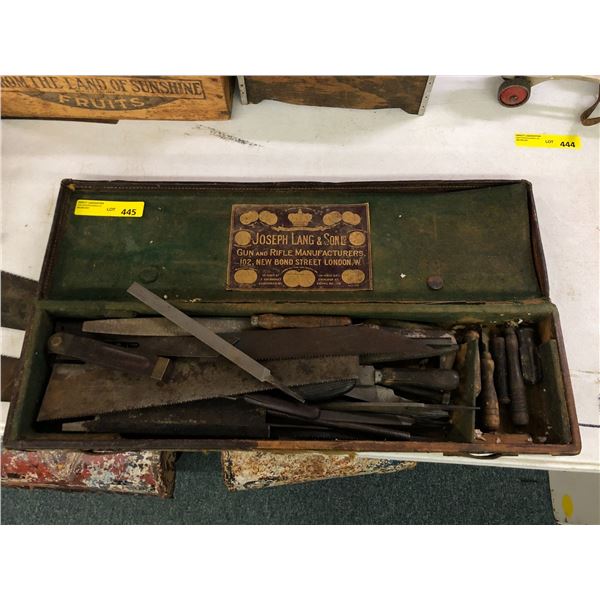 Joseph Lang & Son - Gun & Rifle Manufacturers Canvas Box with misc. vintage tools