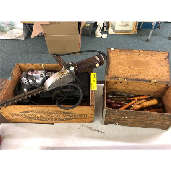 Two Boxes of Vintage Tools and boxes - including Sunbeam Hedge Trimmer, Black & Decker Drill and Vin