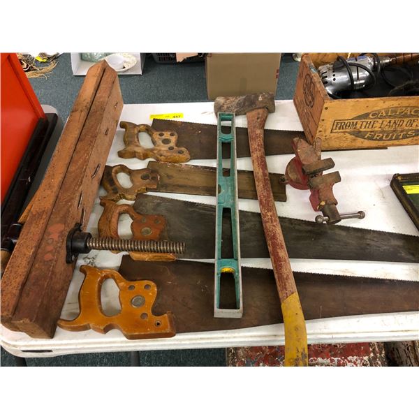 Collection of old Saws, Axe, Level & Vices