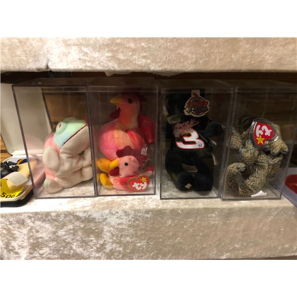 Four Boxes Ty Beanie Babies - Turtle, Lizard, Bear & Chickens in plexiglass containers