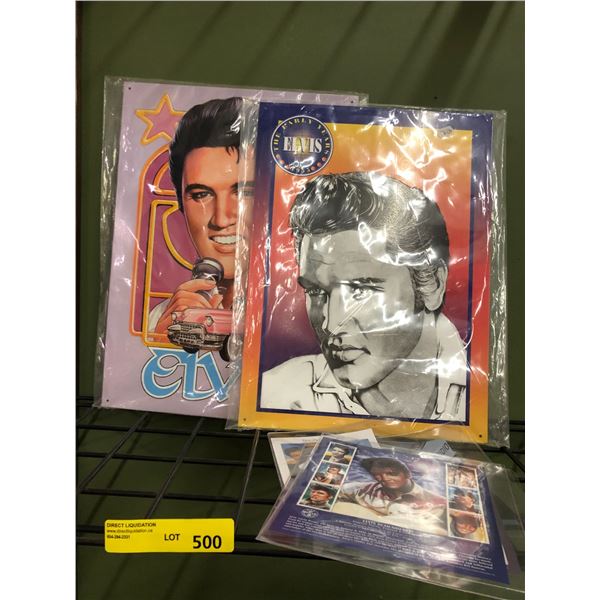 Collection of Elvis Memorabilia - two tin posters and 5 stamp collections with COA