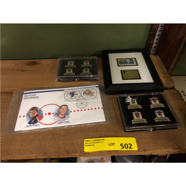 Collection of Hockey Pins and Framed US Stamp - First Man On The Moon