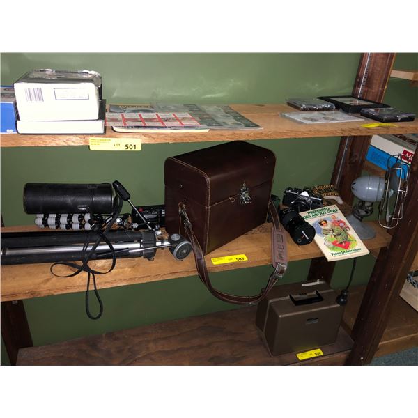 Collection of Vintage Cameras and Tripod