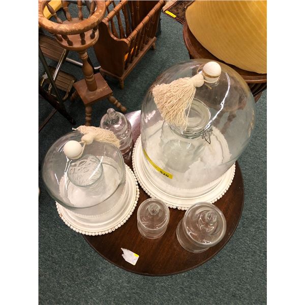Table lot of Glass Canisters and Two Beautiful Glass Domed Covers with tassels on painted white wood