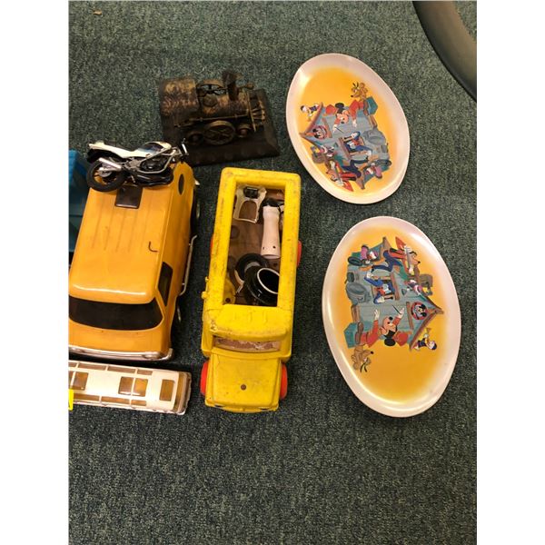 Group Lot of Vintage Toys including two Melmac Micky Mouse Club Platters