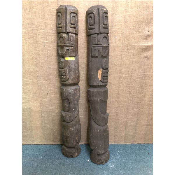 Pair of Tiki Style Totem Poles - each approx. 9in wide x 68in tall