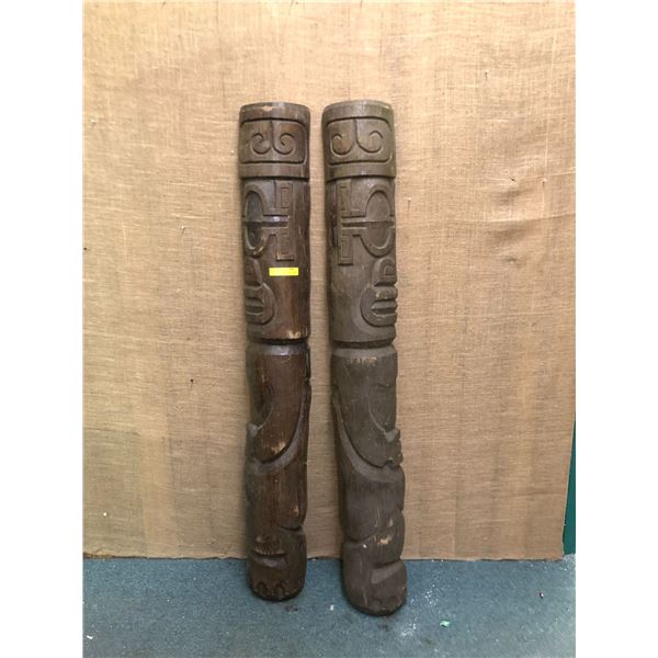 Pair of Tiki Style Totem Poles - each approx. 9in wide x 68in tall