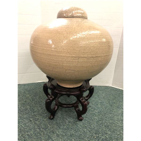 Vintage Asian Style Container with five legged wood pedestal - Crackle Finish - Pink/Beige Pottery