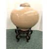 Image 1 : Vintage Asian Style Container with five legged wood pedestal - Crackle Finish - Pink/Beige Pottery