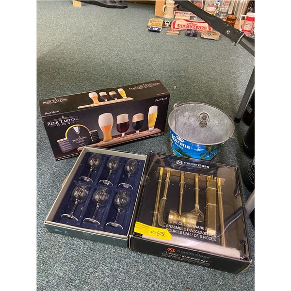Group of Barware, Corona Beer Bucket, Tasting Sleeves & Glasses