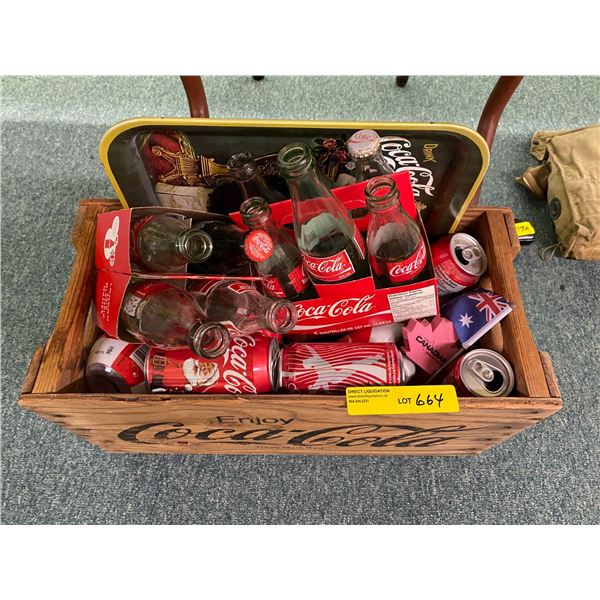 Coca Cola Wood Box with misc. Coca Cola Collectibles