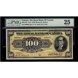 The Royal Bank of Canada 1913 $100 #009987 CH-630-12-22 PMG VF25. Excessively scarce. 