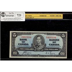 1937 $5 BC-23c #DS4603184. CCGS UNC63.