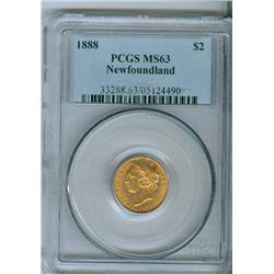 1888 Nfld $2 Gold PCGS MS63, strong lustre with good eye appeal. 
