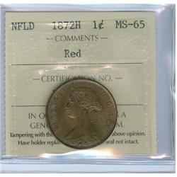1872H Nfld 1¢ ICCS MS65RD.  Superb piece with typical dark red finish.