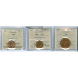 1919, 1920 Small and 1941.  Lot of 3 ICCS graded 1¢ coins, all MS63 Red. 