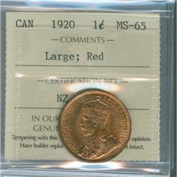 1920 Large 1¢ ICCS MS65 Red, attactive and fully lustrous 90% red