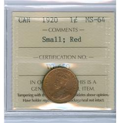 1920 1¢ Sml ICCS MS64 RED, 90% RED LUSTRE.