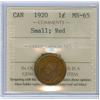 Image 1 : 1920 1¢ Sml  ICCS MS65RD. 70% red and showing some green and rainbow toning.