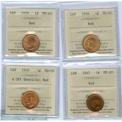 1938, 1939, 1947 & 1949 A off 1¢. Lot of four coins all ICCS MS65RD.