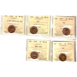 1943, 1945, 1948 A off, 1951, 1953 NSF.  Lot of 5 ICCS graded 1¢ coins, all MS63 Red. 