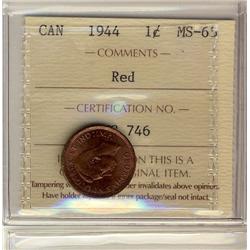 1944 1¢ ICCS MS65.  A gem wine red example. Top 6 graded by ICCS.
