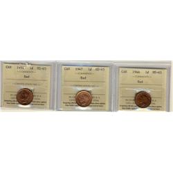 1946, 1947 and 1951.  Lot of 3 ICCS graded 1¢ coins, all MS65 Red. 