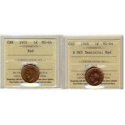 1948 A off dent., 1951  Lot of 2 ICCS graded 1¢ coins, both MS64 Red.  