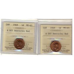 1949 1¢ A Off Dent ICCS MS65RD.  Lot of 2 coins all red.