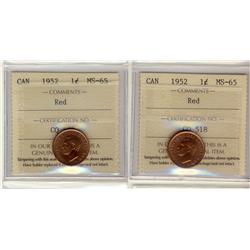 1952 1¢ ICCS MS65RD.  Lot of 2 coins all red.