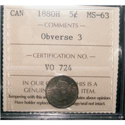 1880H 5¢ Obv 3 ICCS MS63.  Superb scattered tone and lustre.