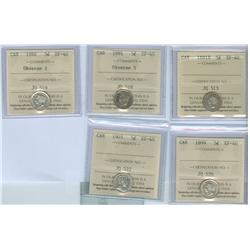 1881H - 1903 5¢ ICCS EF40.  Lof of five coins including, 1881H, 1891 Obv 5, 1892 Obv 2, 1899 and 190