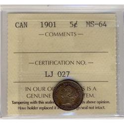 1901 5¢ ICCS MS64,Medium toning