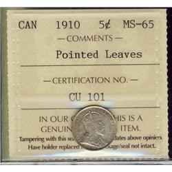 1910 Ptd. Lvs. 5¢  ICCS MS65 Lightly toned. Superb example. 