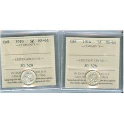 1914 & 1919 5¢. Lot of two coins both ICCS MS64. Brilliant examples.