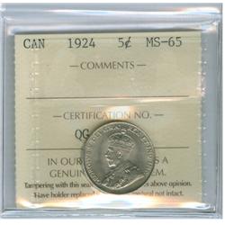 1924 5¢ ICCS MS65.  WOW!!!  Tied for finest graded. 