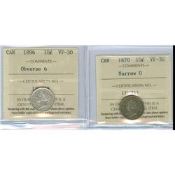 1870 Narrow and 1896 Obv.6  Lot of 2 ICCS graded 10¢ coins, both VF30. 