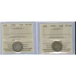 1870 Narrow O and 1900. Lot of 2 ICCS graded 10¢ coins, both VF20. 