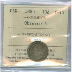1885 Obv.5 10¢ ICCS F15, a nice and problem free example