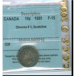 1885 10¢ Obv 4 CCCS F15.  Designated with scratches.