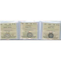 1899 Sm.9's, 1899 Lg.9's and 1909 Br. Lvs.  Lot of 3 ICCS graded 10¢ coins, all VF20.  