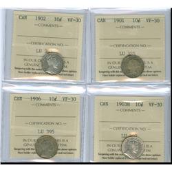 1901, 1902, 1903H and 1906.  Lot of 4 ICCS graded 10¢ coins, all VF30.  